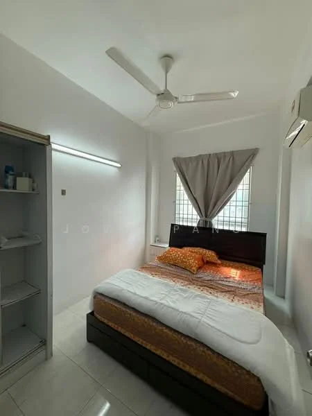 Bedroom features: queen-size bed with patterned bedding, wooden bed frame, white painted walls, white ceiling, 5-blade ceiling fan, window with grid pattern, curtains, built-in wardrobe with open shelving, tile flooring, air conditioning unit; style: modern.