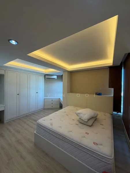 Bedroom features: queen-size bed, upholstered headboard, built-in wardrobe with sliding doors, recessed ceiling with LED lighting, wooden flooring, wall-mounted air conditioning unit, window with curtains, nightstand, decorative wall paneling; style: modern.