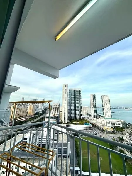 Room features: balcony with railing, city skyline view, outdoor seating area, concrete flooring, overhead lighting fixture; style: modern; view: city.