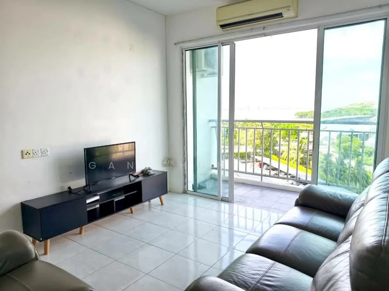 Living features: grey leather sofa, flat-screen TV on console, white painted walls, tile flooring, floor-to-ceiling sliding glass door, balcony access, air conditioning unit, natural light from window, view of greenery and city; style: modern; view: city.