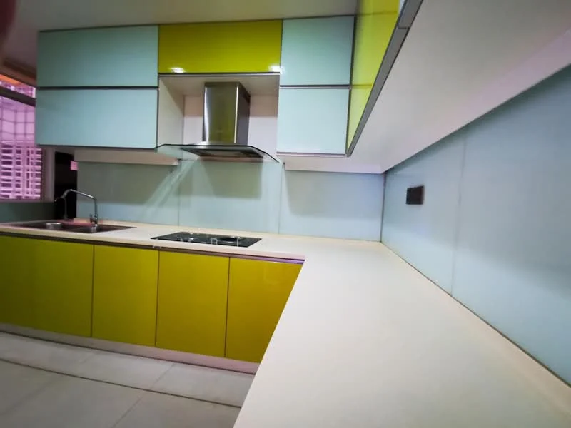 Kitchen features: green and yellow cabinetry, stainless-steel range hood, built-in cooktop, light-colored countertop, glossy blue backsplash, single-bowl stainless-steel sink, chrome pull-down faucet, tile flooring, under-cabinet lighting; style: modern.
