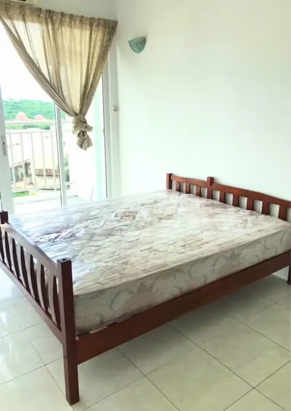 Bedroom features: queen-size bed, wooden bed frame, white painted walls, sliding glass door, floor-to-ceiling window, curtains, tile flooring, balcony access.