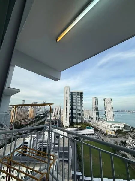 Room features: balcony with railing, city skyline view, sea view, outdoor seating area with chairs, concrete flooring, overhead lighting fixture; style: modern; view: city.
