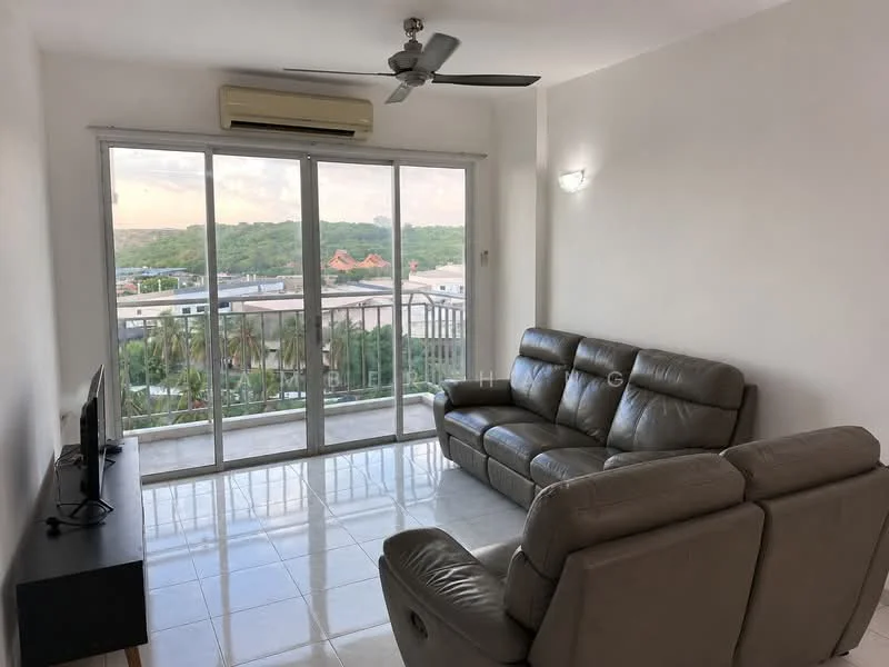 Living features: 3-seater leather sofa in grey, wall-mounted TV, TV console, floor-to-ceiling sliding glass door, white painted walls, glossy tile flooring, ceiling fan, air conditioning unit, decorative wall sconce, view of greenery; style: modern; view: garden.
