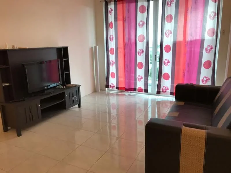 Living features: black TV console, wall-mounted TV, 3-seater black leather sofa, white tiled flooring, floor-to-ceiling windows, sheer curtains with pink and white polka dots, decorative wall with light color, open layout, natural light from windows; style: modern.