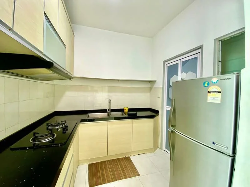 Kitchen features: light wood cabinetry, black granite countertop, stainless-steel fridge, double-bowl stainless-steel sink, chrome pull-down faucet, 2-burner gas hob, white tiled walls, white tiled flooring, window with glass panel, kitchen rug; style: modern.