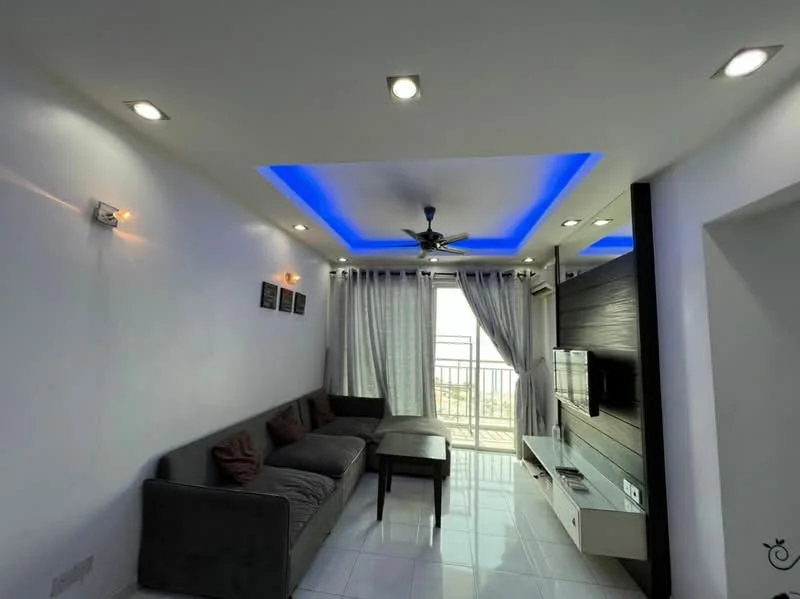 Living features: grey fabric sofa, 2-seater sofa, 3-seater sofa, coffee table, wall-mounted TV, white TV console, recessed ceiling with blue LED lighting, ceiling fan with light, floor-to-ceiling windows, sheer curtains, white tiled flooring, decorative wall with wood paneling, wall sconces; style: modern; view: city.
