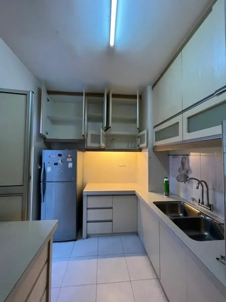 Kitchen features: light grey cabinetry, white countertop, double-bowl stainless-steel sink, chrome pull-down faucet, built-in refrigerator, wall-mounted cabinets, tile backsplash, white tiled flooring, recessed lighting, open shelving; style: modern.