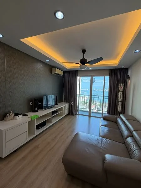 Living features: 3-seater leather sofa in beige, wall-mounted TV, TV console with storage, ceiling fan with light, recessed LED downlights, floor-to-ceiling sliding glass door, curtains, wooden flooring, accent wall with textured finish, air conditioning unit; style: modern; view: sea.