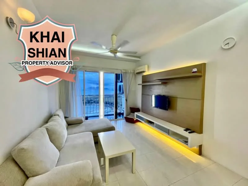 Living features: 3-seater fabric sofa in light grey, white coffee table, wall-mounted TV, TV console with LED lighting, ceiling fan with light, white painted walls, tile flooring, curtains, sliding glass door, balcony access, wall clock; style: modern; view: city.