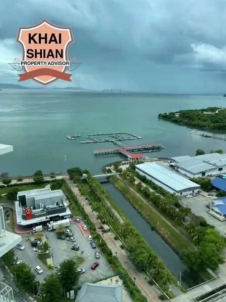 Exterior features: waterfront view, marina with docks, green landscaping, paved walkway, commercial buildings visible, parking lot, canal, surrounding greenery, city skyline in background; style: modern.