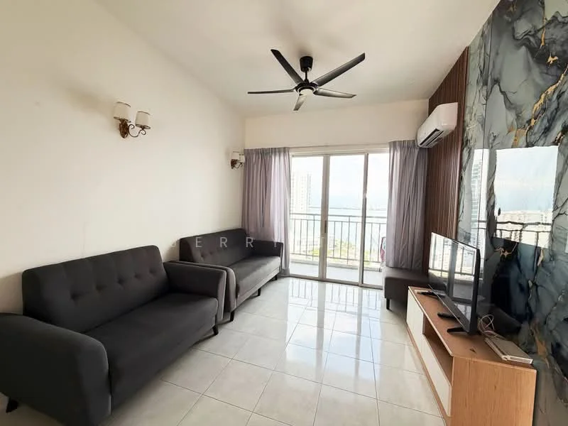 Living features: 2-seater fabric sofa in grey, 3-seater fabric sofa in grey, wall-mounted TV, TV console in light wood, floor-to-ceiling windows, sliding glass door, curtains, ceiling fan with light, white painted walls, glossy tile flooring, decorative wall with marble pattern; style: modern; view: city.