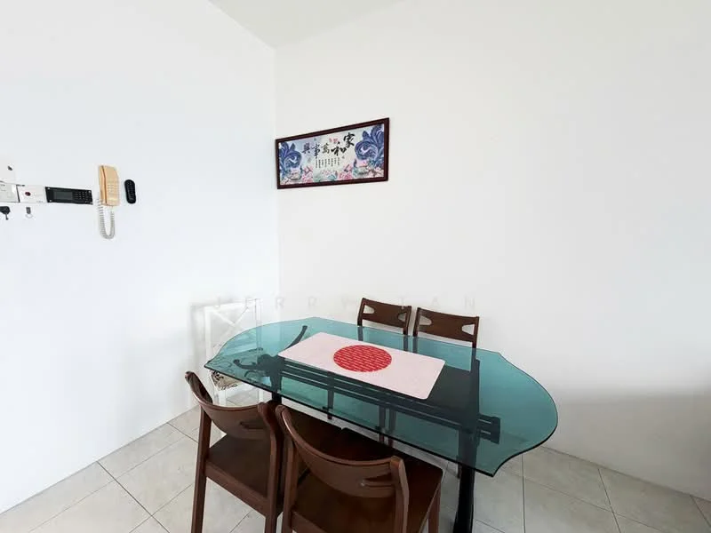 Dining features: glass dining table, 4 wooden dining chairs, white walls, tile flooring, decorative wall art, telephone intercom, wall-mounted intercom, minimalist decor; style: modern.