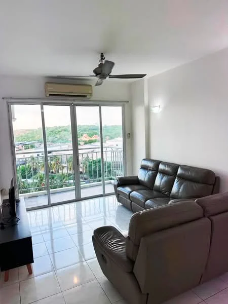 Living features: 3-seater leather sofa in grey, 2-seater leather sofa in grey, floor-to-ceiling sliding glass door, white painted walls, glossy tile flooring, ceiling fan, wall-mounted air conditioning unit, TV console, decorative wall sconce; style: modern; view: city.