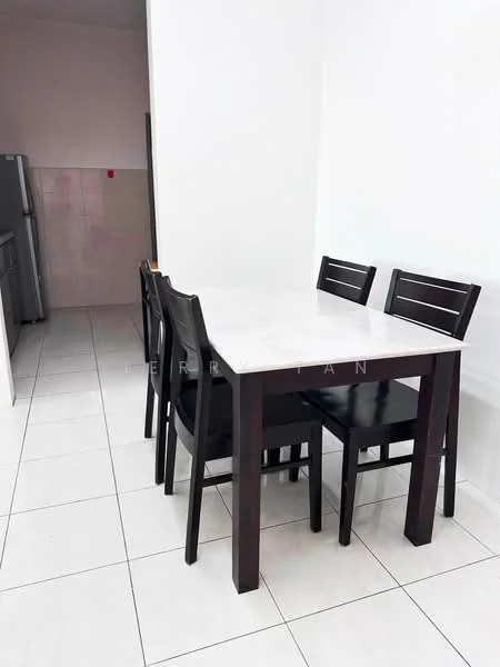 Dining features: white marble dining table, 4 black dining chairs, white painted walls, tile flooring, recessed lighting, open layout to kitchen, neutral decor; style: modern. Kitchen features: stainless-steel fridge, white tiled backsplash, grey cabinetry, tile flooring; style: modern.