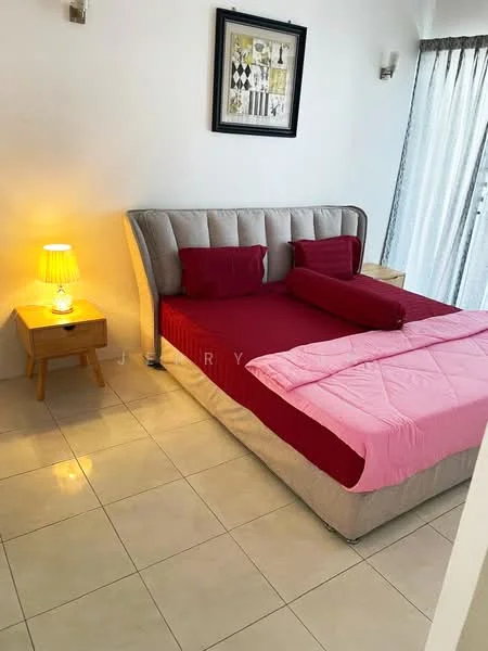 Bedroom features: queen-size bed with upholstered headboard, red bedding with decorative pillows, pink quilted blanket, nightstand with drawer, table lamp with yellow light, white painted walls, ceramic tile flooring, floor-to-ceiling window with sheer curtains; style: modern.