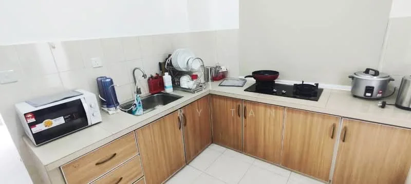 Kitchen features: L-shaped countertop, cream-colored tiled backsplash, light wood cabinetry, stainless-steel sink, chrome faucet, built-in gas stove, electric kettle, microwave, rice cooker, toaster, countertop space, white tiled flooring; style: modern.