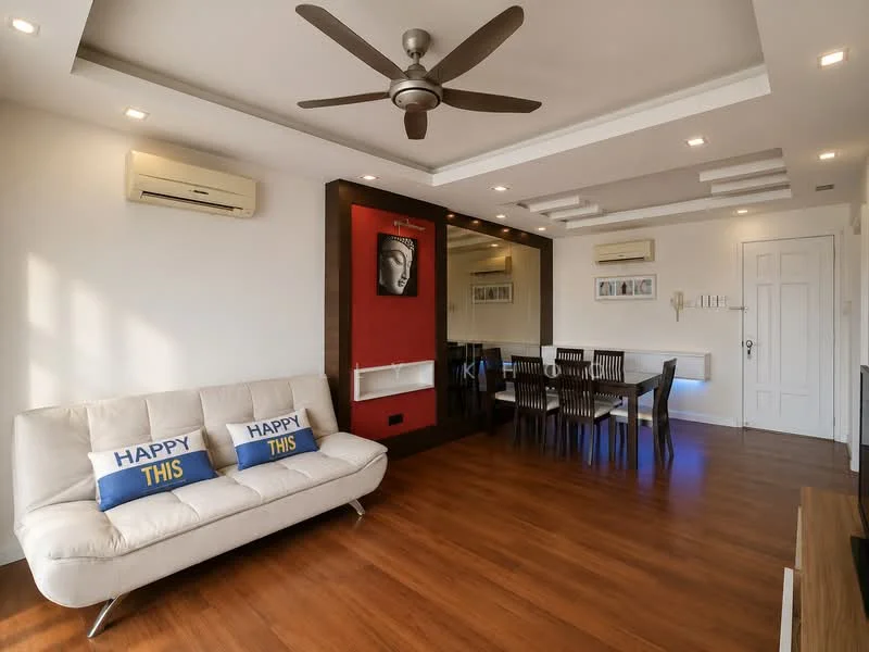 Living features: 3-seater fabric sofa in white, decorative cushions with text, wooden dining table with 6 chairs, wall-mounted TV, ceiling fan with 5 blades, recessed downlights, wooden flooring, white painted walls, feature wall with artwork, air conditioning unit, door with white paneling; style: modern.