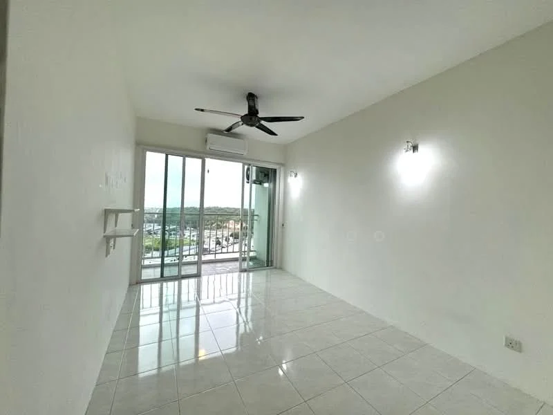 Living features: white painted walls, glossy white tile flooring, 5-blade ceiling fan, floor-to-ceiling sliding glass door, mountain view, 2 wall-mounted light fixtures, air conditioning unit, open layout; style: modern; view: mountain.