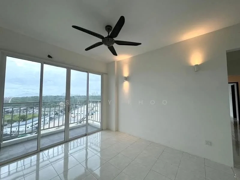 Living features: 5-blade ceiling fan with light, floor-to-ceiling windows, white painted walls, tile flooring, recessed downlights, balcony view, neutral color scheme, wall sconces; style: modern; view: city.