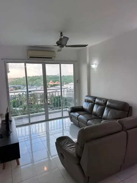Living features: 3-seater leather sofa in grey, floor-to-ceiling sliding glass doors, white painted walls, glossy tile flooring, ceiling fan, wall-mounted air conditioning unit, TV console, city view from window; style: modern; view: city.