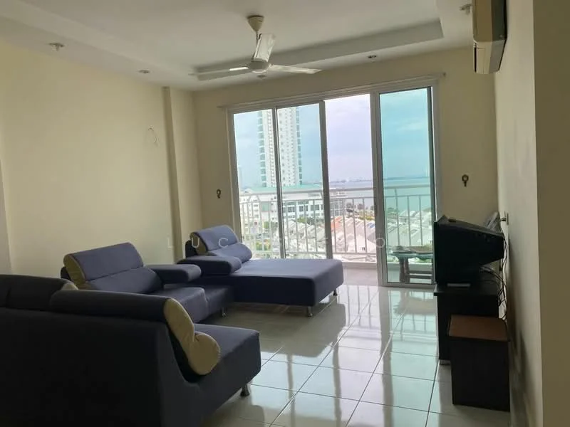 Living features: 2-seater fabric sofa in blue, chaise lounge in blue, floor-to-ceiling windows, sliding glass door, white painted walls, glossy tile flooring, ceiling fan, wall-mounted TV, TV console, small wooden side table; style: modern; view: sea.