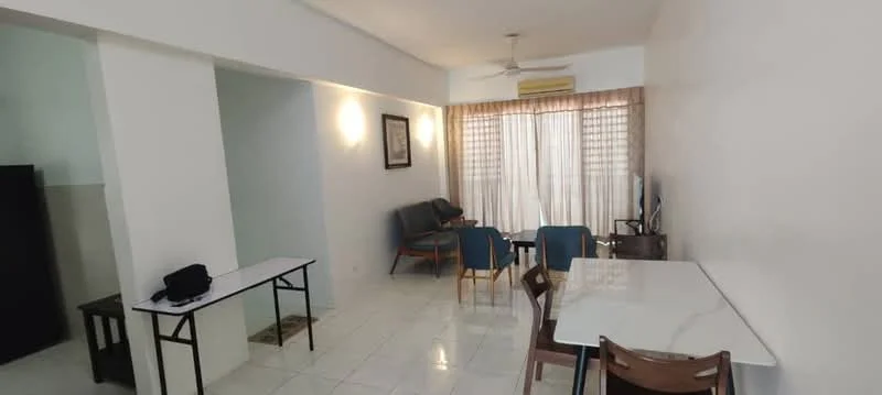 Living features: white painted walls, glossy white tile flooring, 5-blade ceiling fan, large windows with sheer curtains, sofa in dark blue fabric, wooden dining table, 4 dining chairs, TV console, wall-mounted TV, decorative wall art; style: modern.