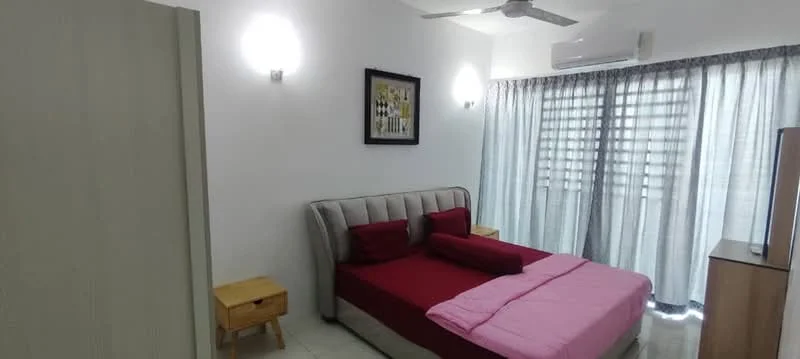 Bedroom features: queen-size bed with upholstered headboard, red bedspread, pink throw blanket, 2 bedside tables with lamps, wall-mounted artwork, floor-to-ceiling windows with sheer curtains, ceiling fan, air conditioning unit, light-colored tiled flooring, built-in wardrobe; style: modern.