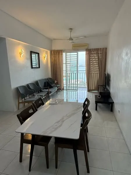Living features: white painted walls, glossy tile flooring, 5-blade ceiling fan, wall-mounted TV, sofa set with three chairs in grey, dining table with marble top, four wooden dining chairs, curtains in beige, floor-to-ceiling windows, balcony access, decorative wall sconces; style: modern; view: city.
