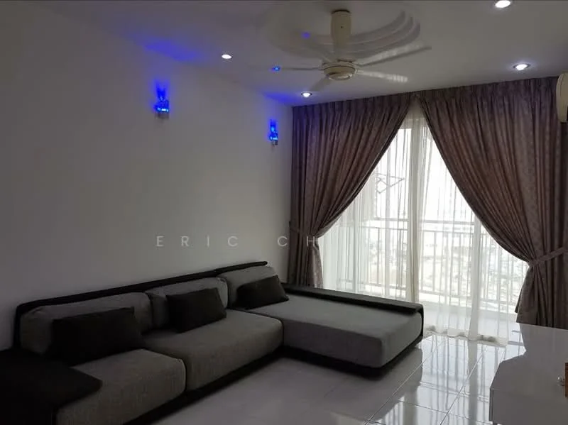 Living features: L-shape sectional sofa in grey, decorative cushions, white painted walls, glossy tile flooring, ceiling fan with integrated light, recessed LED downlights, curtains in beige, floor-to-ceiling windows, city view through windows, wall-mounted decorative lights; style: modern; view: city.