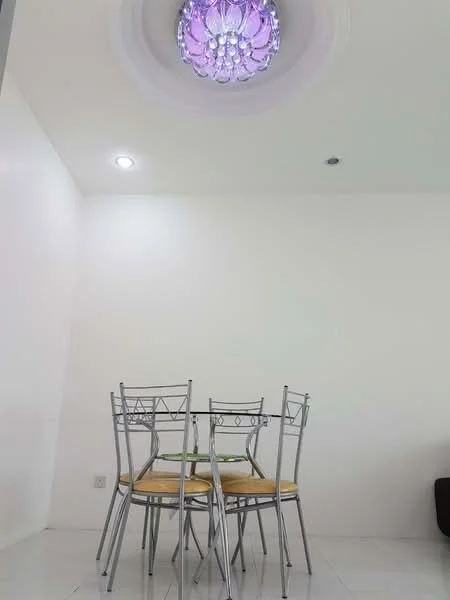Dining features: round dining table, 4 metal dining chairs with cushions, white walls, glossy tile flooring, chandelier with purple light, recessed downlights; style: modern.