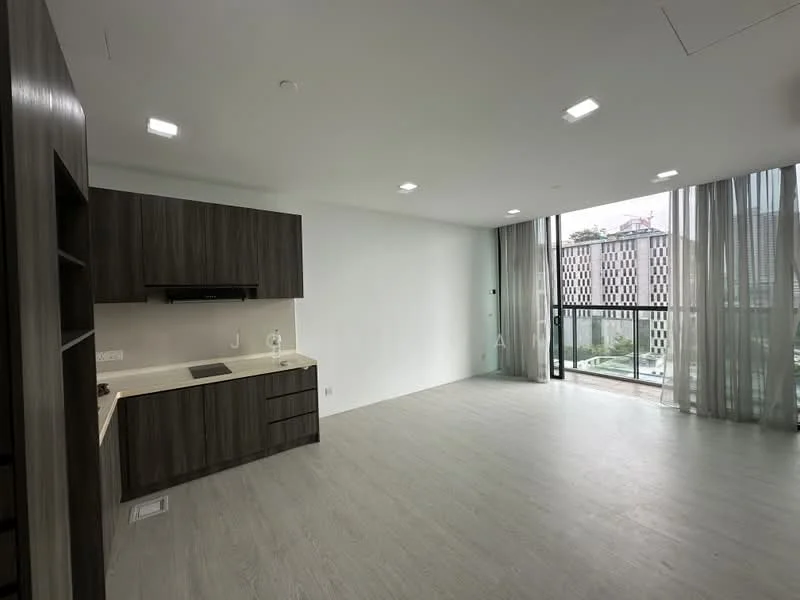 Living features: light wood laminate flooring, white painted walls, kitchenette with dark wood cabinetry, light-colored countertop, single-bowl stainless-steel sink, chrome pull-down faucet, floor-to-ceiling windows, sheer curtains, recessed LED downlights, open layout, view of cityscape; style: modern; view: city.