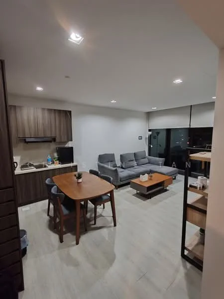 Living features: grey fabric sectional sofa, wooden coffee table, 6-seater wooden dining table, 4 dining chairs, recessed LED downlights, laminate flooring, floor-to-ceiling windows, kitchenette with dark wood cabinetry, stainless-steel sink, kitchen countertop, microwave, kettle, decorative items on shelves; style: modern; view: city.