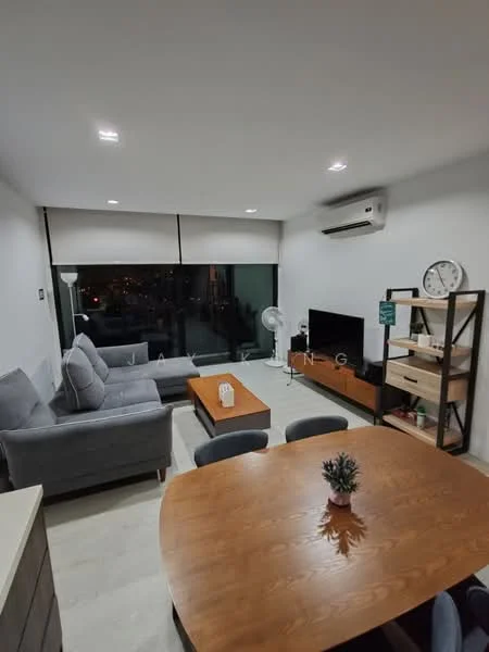 Living features: grey fabric L-shape sectional sofa, wooden coffee table, TV console with open shelving, wall-mounted TV, floor-to-ceiling windows, roller blinds, 1 wall-mounted split AC, recessed LED downlights, decorative wall clock, houseplant in ceramic pot, wooden dining table, 4 upholstered dining chairs; style: modern; view: city.