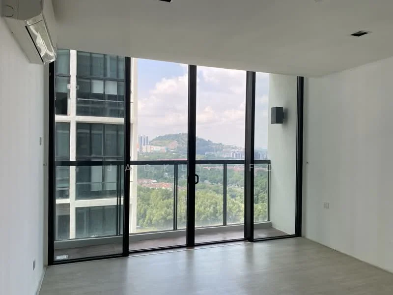 Room features: floor-to-ceiling windows, sliding glass door, white painted walls, light-colored flooring, 1 wall-mounted split AC, mountain view, city skyline view, recessed downlights; style: modern; view: city.