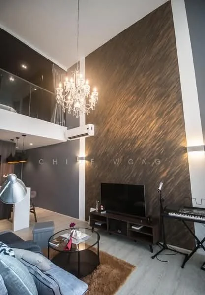 Living features: chandelier, grey accent wall, wood panel accent wall, floor-to-ceiling windows, wall-mounted TV, TV console, sofa in grey, coffee table, area rug, recessed downlights, 1 wall-mounted split AC; style: modern.