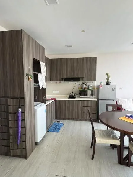 Kitchen features: dark wood cabinetry, white countertop, stainless-steel fridge, built-in microwave, freestanding range oven, single-bowl stainless-steel sink, chrome pull-down faucet, ceramic tile flooring, dining table with chairs, open shelving, window with natural light, dishwasher, kitchen towel hanging, blue mat on floor; style: modern.