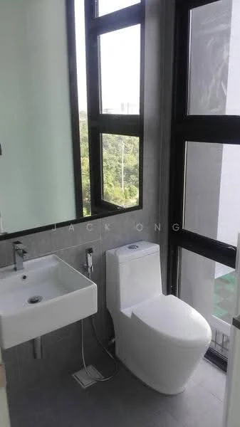 Bathroom features: wall-mounted sink, white ceramic toilet, chrome basin mixer faucet, large floor-to-ceiling windows, grey tiled walls, light grey tiled flooring, view of greenery, built-in shower area; style: modern; view: garden.