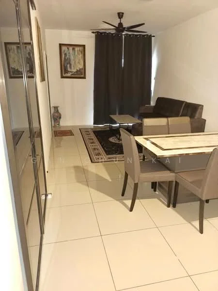 Living features: 3-seater fabric sofa in brown, coffee table with marble top, 6-seater dining table, upholstered dining chairs, area rug with geometric pattern, floor-to-ceiling curtains in dark grey, wall-mounted mirror, ceiling fan with light, white painted walls, tile flooring in cream; style: modern.