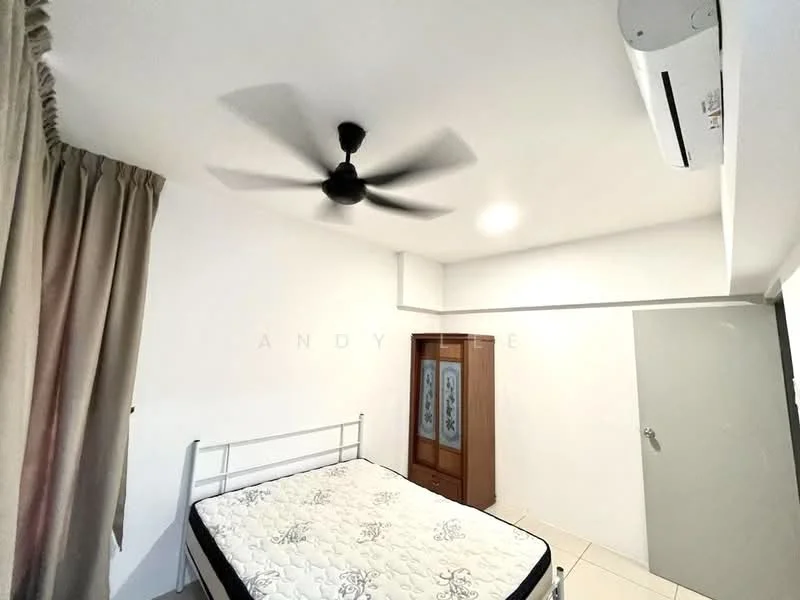 Bedroom features: white painted walls, ceiling fan, built-in wardrobe, queen-size bed, tile flooring, curtains, air conditioning unit, light fixture.