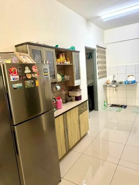 Kitchen features: stainless-steel fridge, wooden cabinetry, white countertop, ceramic tile flooring, wall-mounted shelves, sink with faucet, white tiled backsplash, open shelving, kitchen utensils, decorative items on shelves; style: modern.