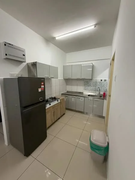 Kitchen features: grey cabinetry, wooden lower cabinets, white tiled backsplash, stainless-steel fridge, 4-burner gas hob, built-in oven, single-bowl stainless-steel sink, chrome pull-down faucet, tile flooring, wall-mounted split AC, recessed lighting, white walls, countertop with storage; style: modern.