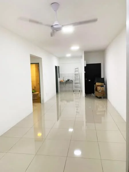 Room features: white painted walls, glossy ceramic tile flooring, ceiling fan, recessed downlights, open layout, doorway leading to another room, kitchen area visible in the background, ladder against the wall, storage boxes, neutral color scheme; style: modern.