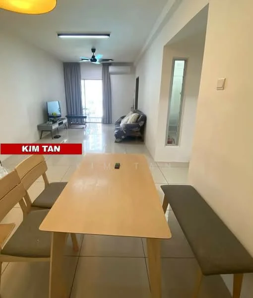 Living features: light grey walls, white ceiling, floor-to-ceiling windows, sliding glass door, grey curtains, 3-blade ceiling fan, wall-mounted TV, light-colored dining table, 2 upholstered dining chairs, 1 bench seating, ceramic tile flooring, decorative plant on table; style: modern; view: garden.