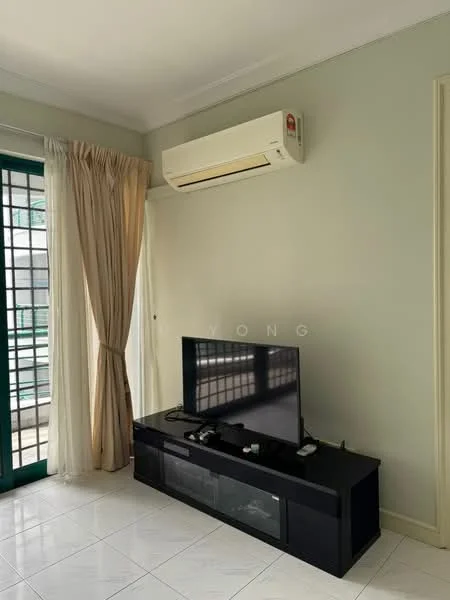 Living features: light green painted walls, white tiled flooring, 1 wall-mounted split AC, black TV console, wall-mounted TV, sheer curtains, floor-to-ceiling windows, sliding glass door.