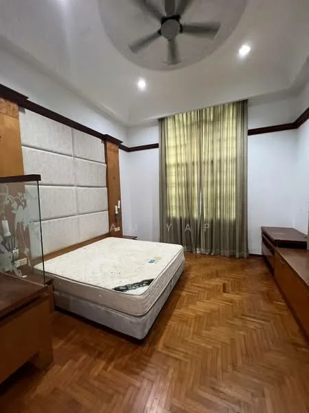 Bedroom features: parquet wood flooring, white painted walls, ceiling fan, large window with sheer curtains, built-in wardrobe, wooden bedside table, wooden TV console, upholstered headboard, mattress on bed frame; style: modern.
