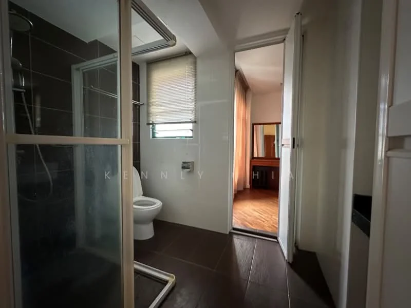 Bathroom features: glass shower enclosure, rain shower head, handheld shower, white toilet, dark ceramic tile flooring, grey wall tiles, window with blinds, mirror, vanity with storage; style: modern. Room features: wood flooring, doorway leading to another room, natural light from window.