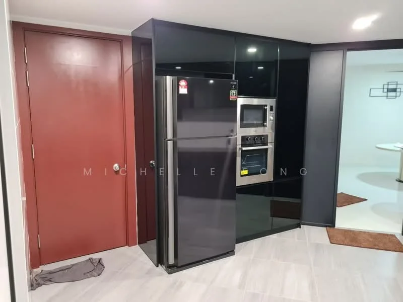 Kitchen features: black cabinetry, stainless-steel fridge, built-in oven, microwave, grey tile flooring, recessed downlights, red door, countertop with backsplash; style: modern.