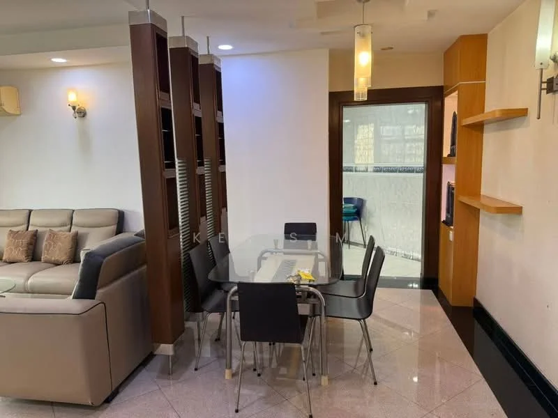 Living features: beige leather sofa, glass coffee table, 4-seater dining table with black chairs, wall-mounted shelves, recessed ceiling lights, white painted walls, marble tile flooring, black trim at the base, large window with view, decorative wall sconce; style: modern.