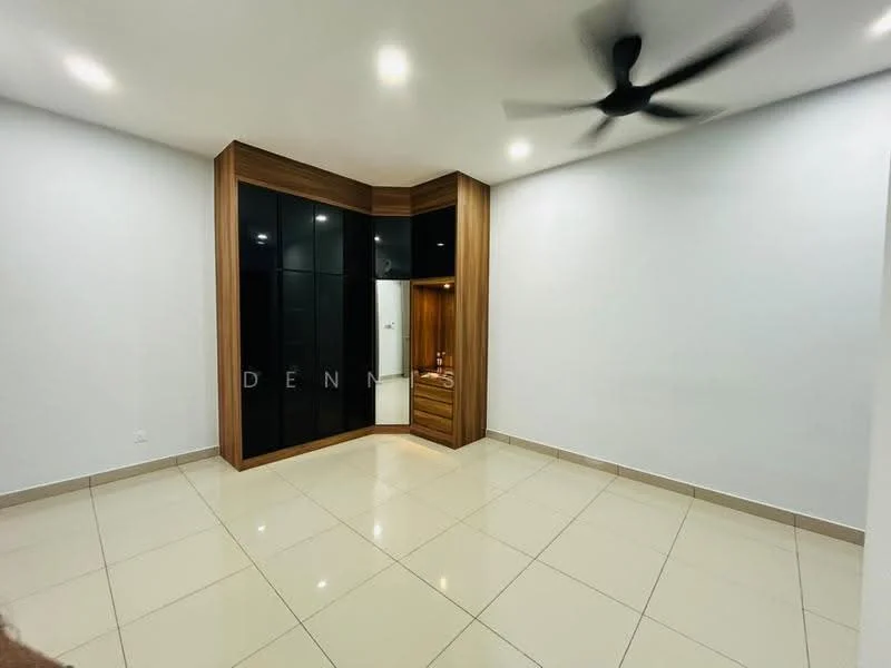 Room features: white painted walls, cream tiled flooring, 5-blade ceiling fan, built-in wardrobe with black glass doors, wood panel accent wall, recessed lighting, corner layout, no visible windows; style: modern.